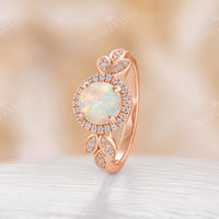 Round White Opal Halo Engagement Ring Diamond Rose Gold