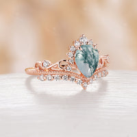 Pear Shape Moss Agate Milgrain Vintage Rose Gold Engagement Ring