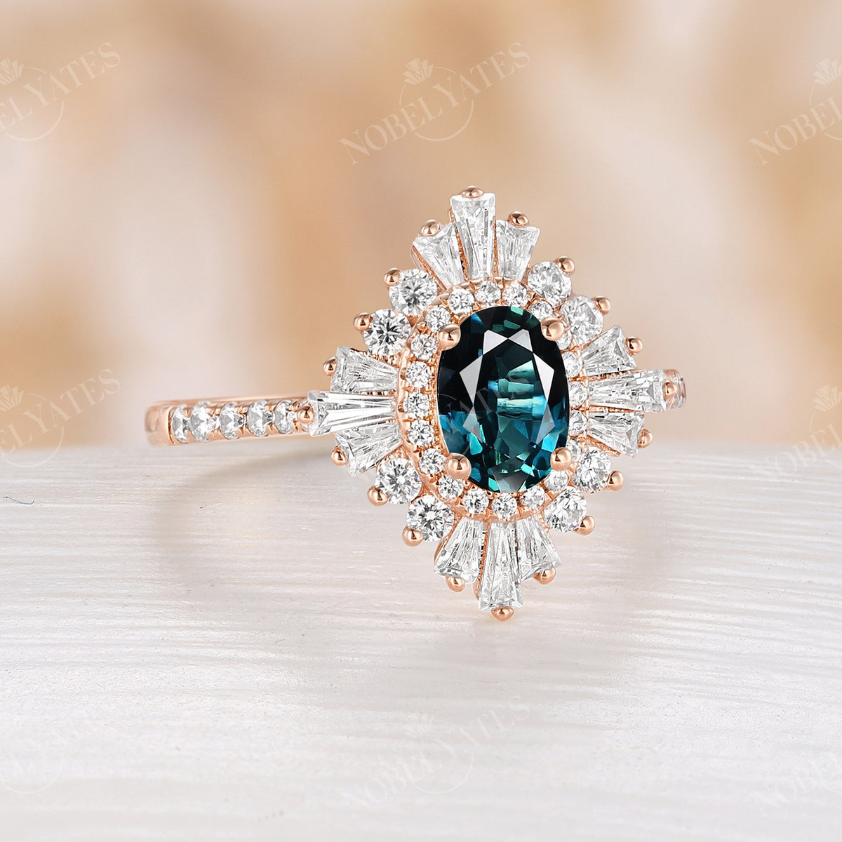 Oval Teal Sapphire Uniuqe Art Deco Baguette Halo Engagement Ring Pave Band