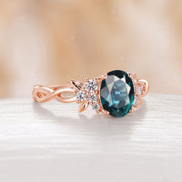 Nature Inspired Teal Sapphire Twist Rose Gold Engagement Ring Moissanite Cluster