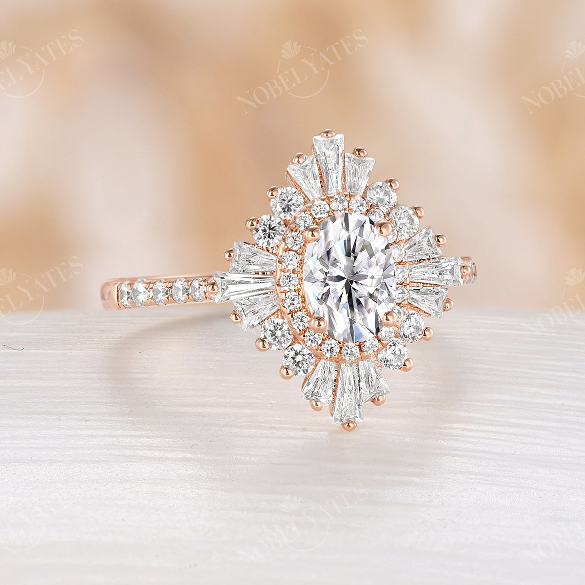 Art deco Oval Moissanite Engagement Ring Yellow Gold