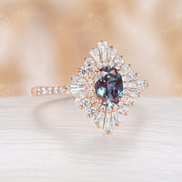 Art Deco Oval Alexandrite Engagement Ring CZ Halo Pave Rose Gold
