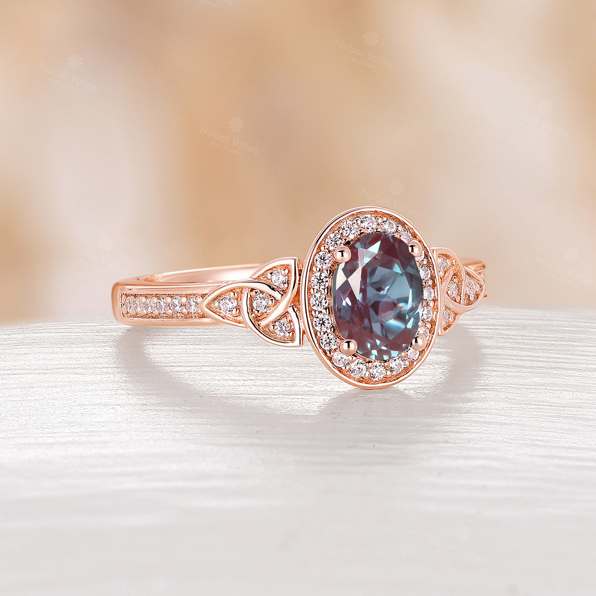 Oval Shape Lab Alexandrite Halo Celtic Knot Engagement Ring Rose Gold