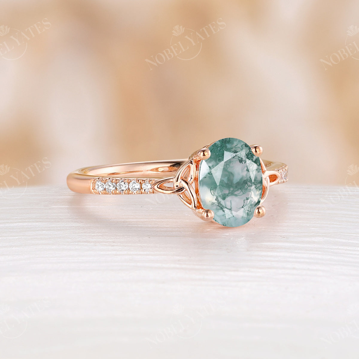 Moss Agate Celtic Oval Cut Pave Engagement Ring Rose Gold