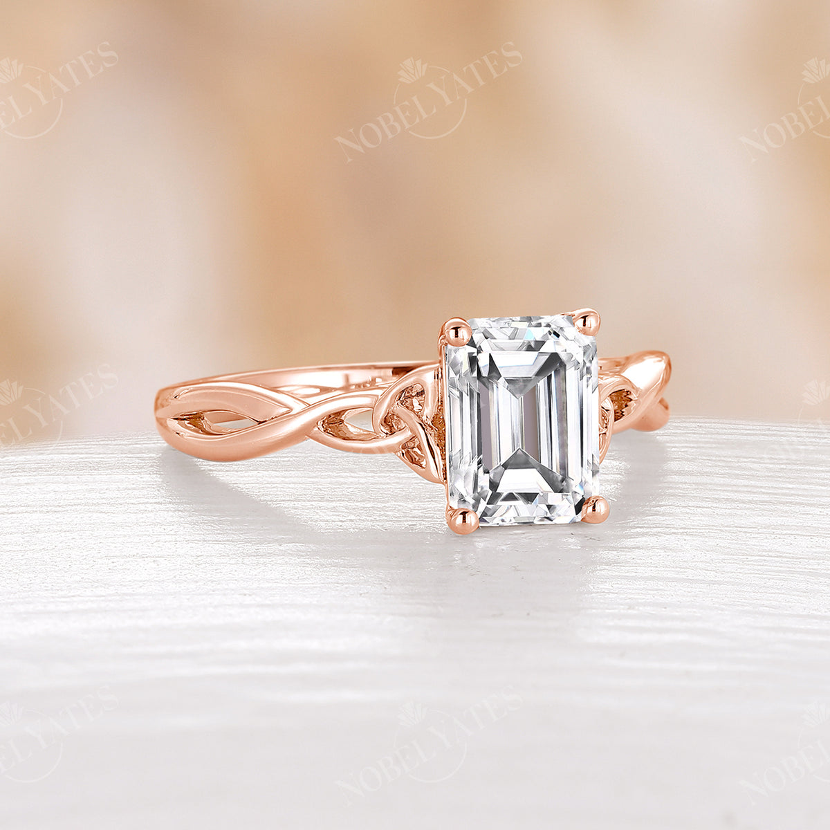 Celtic Emerlad Cut Moissanite Solitaire Rose Gold Engagement Ring