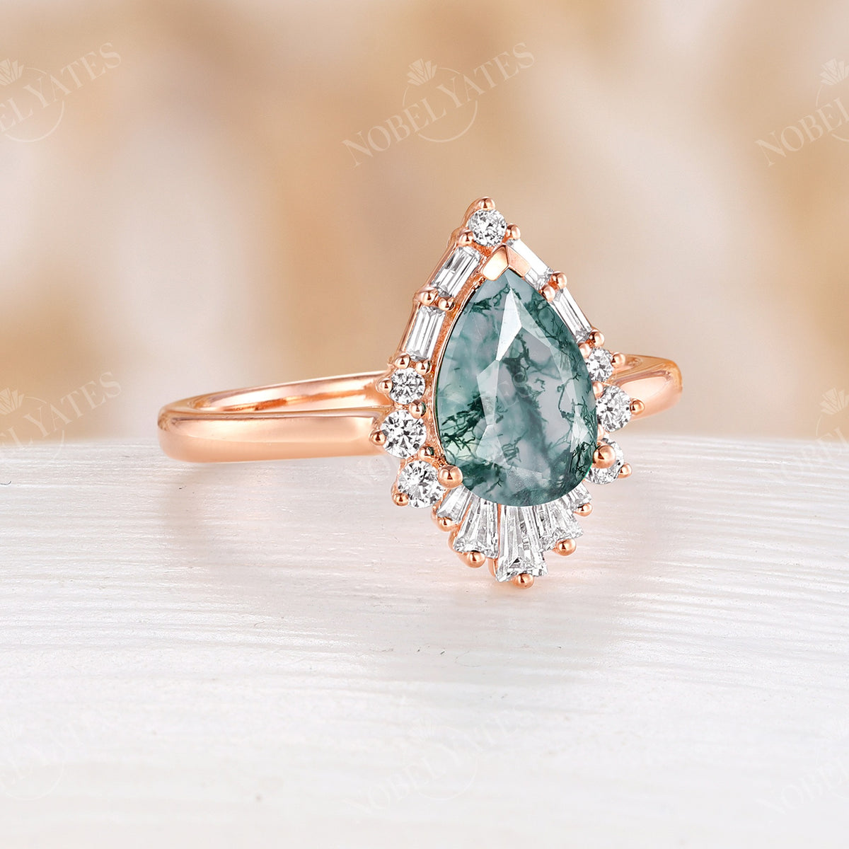 Pear Shape Moss Agate Engagement Ring Art deco Halo Rose Gold