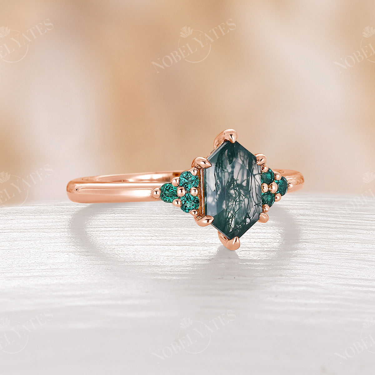 Moss Agate Hexagon Cut Emerald Cluster Engagement Ring