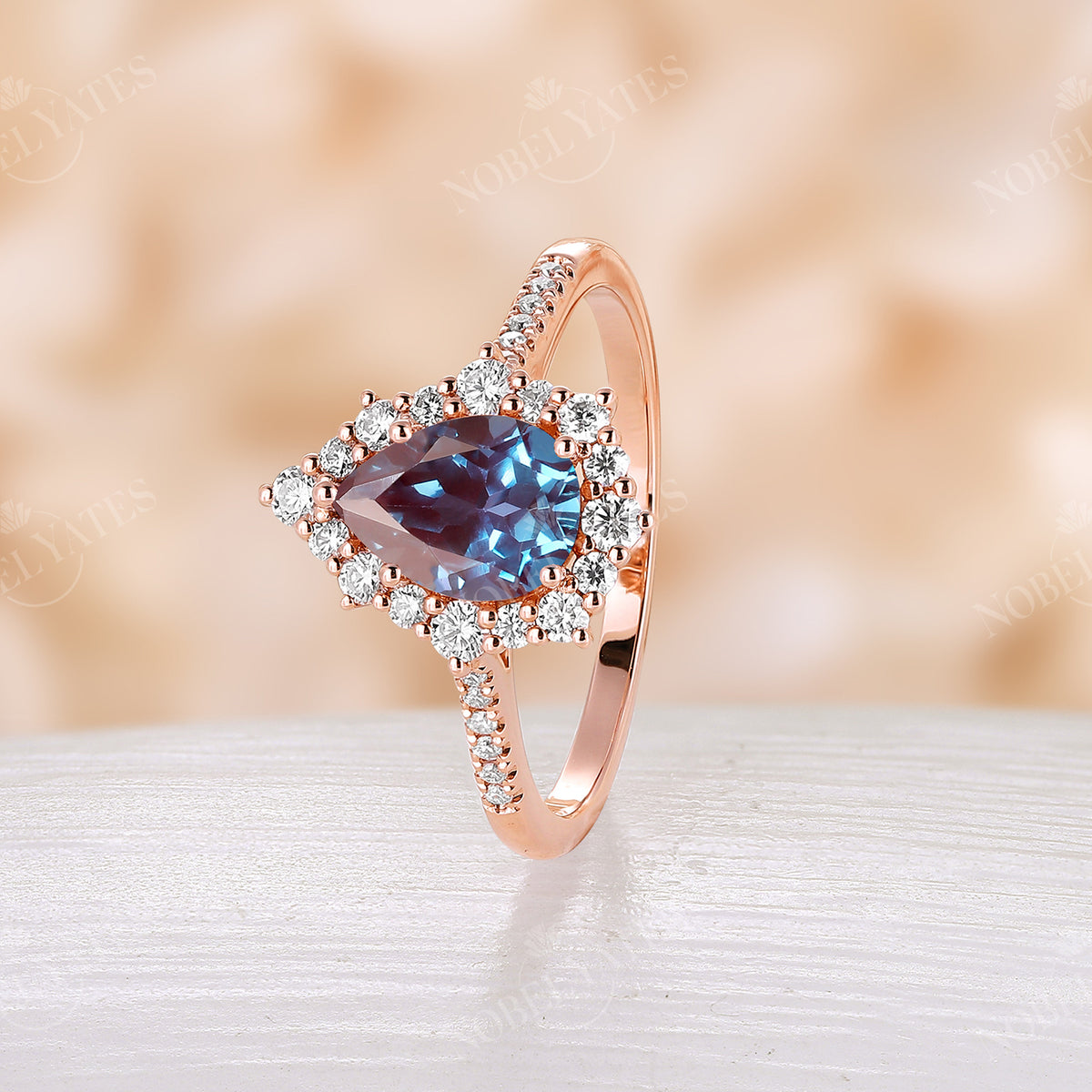 Lab Alexandrite Pear Halo Engagement Ring Rose Gold