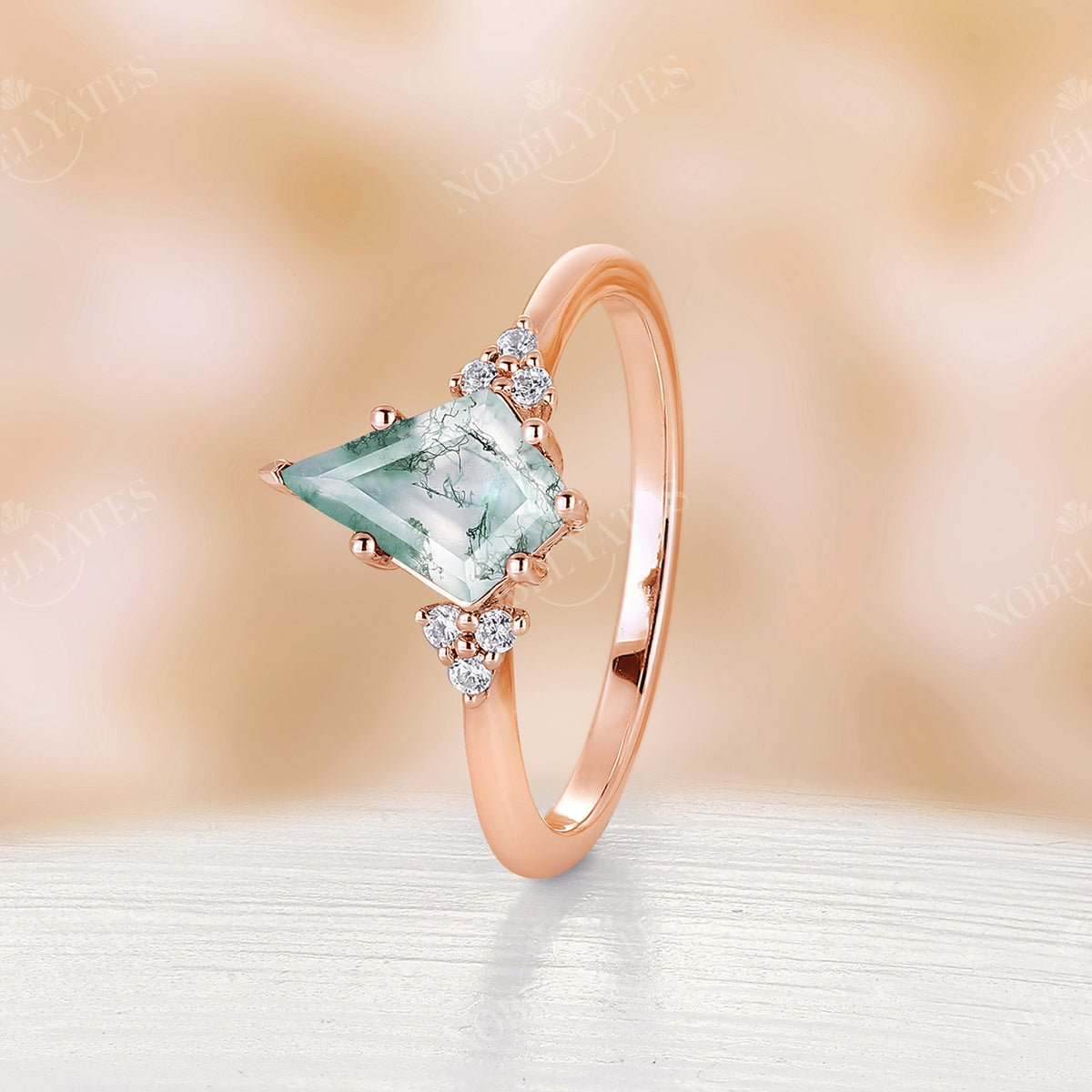 Moss Agate & Diamond Kite Cut Engagement Ring Rose Gold