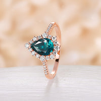 Vintage Pear shape Teal Sapphire Rose Gold Halo Engagement Ring