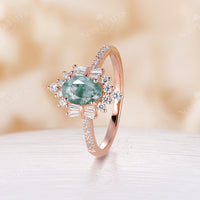 Moss Agate Art Deco Oval Cluster & Pave Engagement Ring Rose Gold