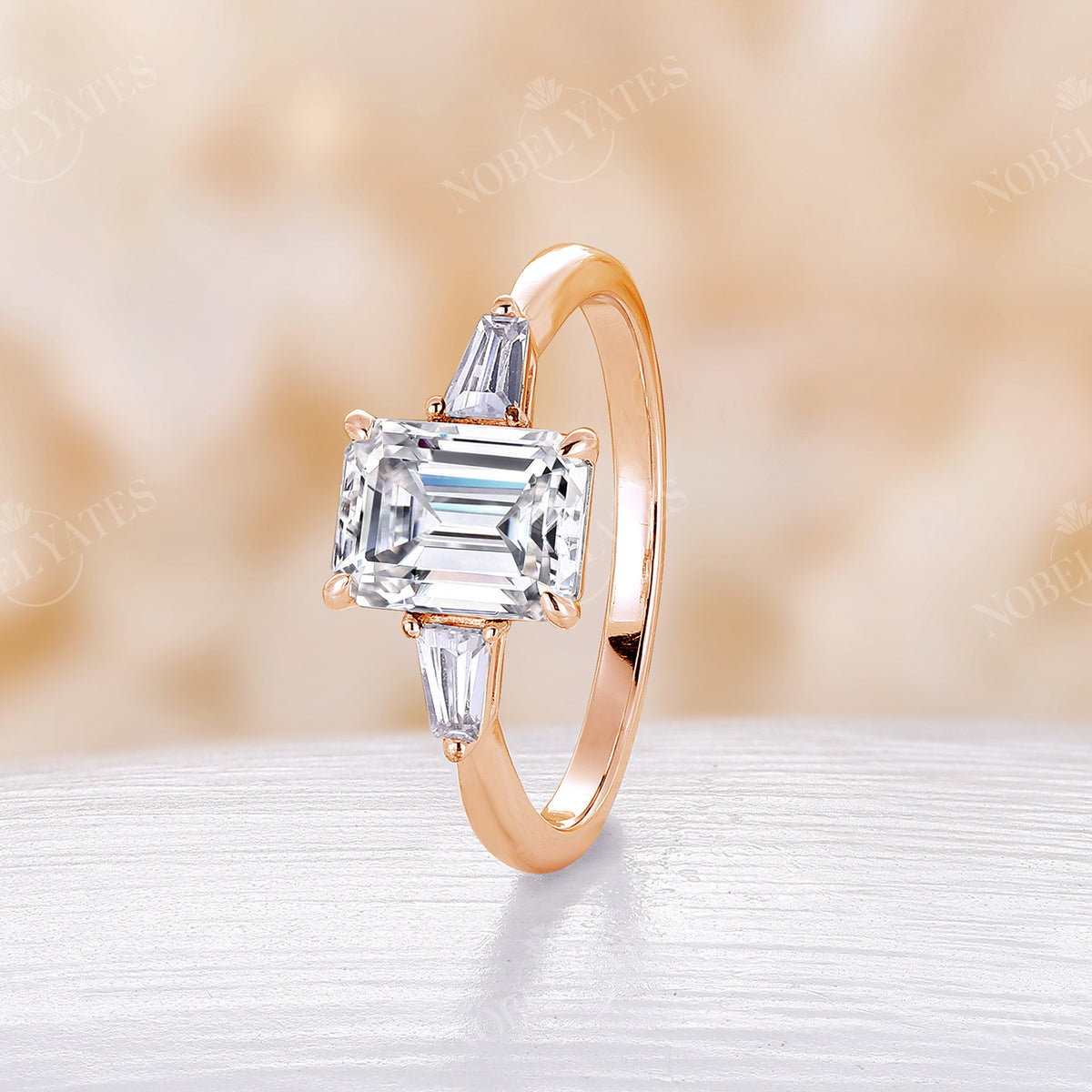Simple Emerald Moissanite Engagement Ring Three Stones Art Deco