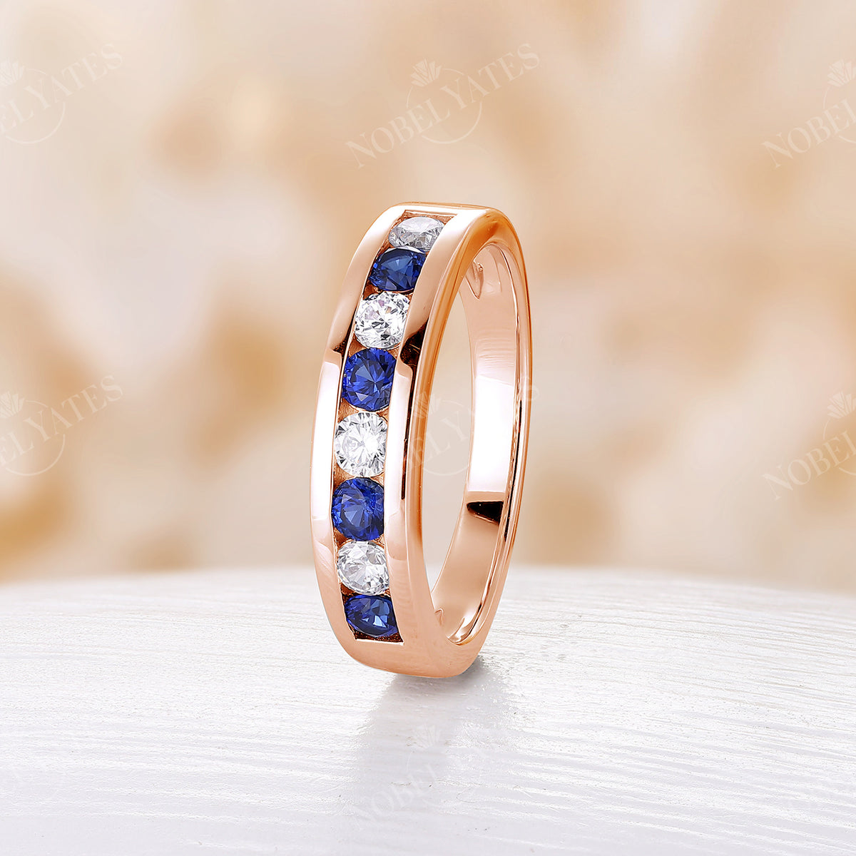 Sapphire & Moissanite Couple Rings Bezel Rose Gold Band