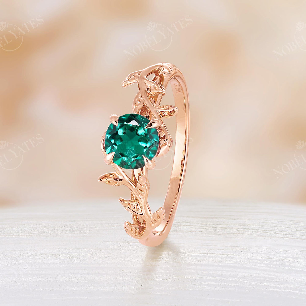 Leaf Design Round Emerald Engagement Ring Yellow Gold