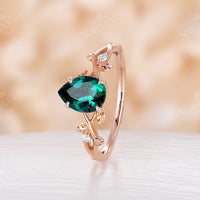 Pear Lab Emerald Leaf Design Diamond Engagement Ring Yellow Gold