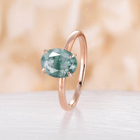 Oval Shape Solitaire Moss Agate Engagement Ring Prong Set Classic