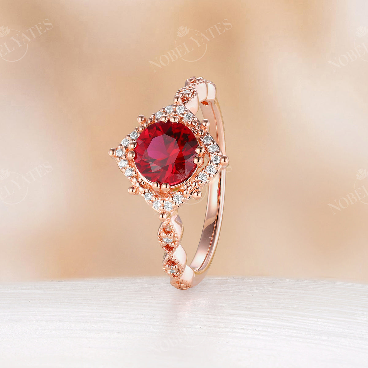 Round Lab Ruby Moissanite Halo Engagement Ring Vintage Band