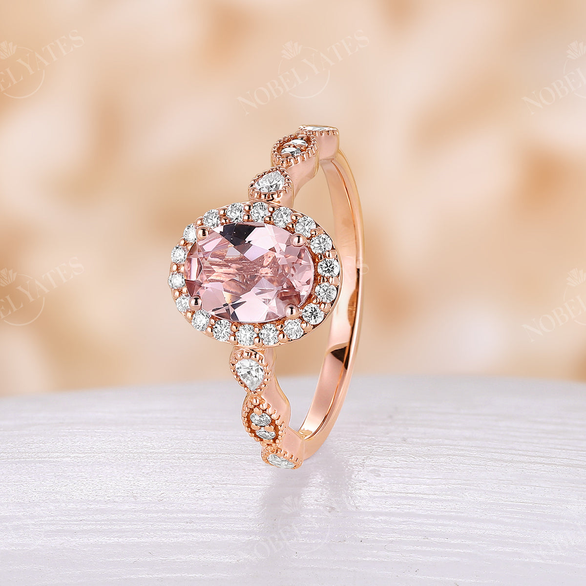 Vintage Orange Pink Morganite Halo & Milgrain Engagement Ring Rose Gold