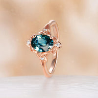 Oval Shape Teal Sapphire Engagement Ring Celtic Knot Rose Gold Band