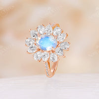 Moissanite Halo Oval Blue Moonstone Rose Gold Engagement Ring
