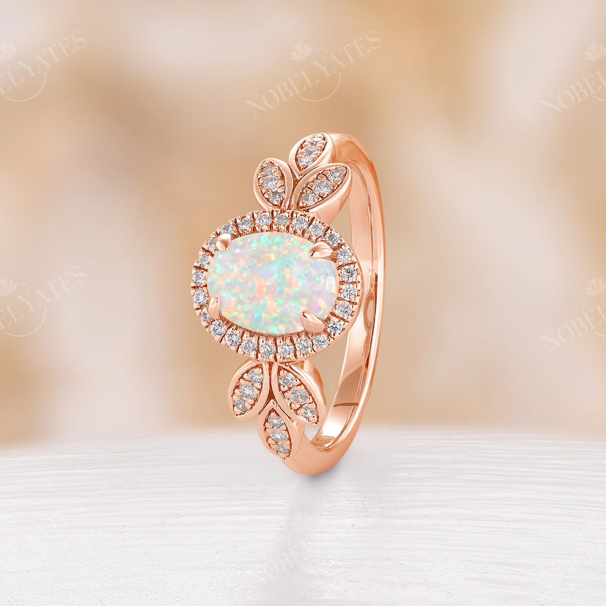 Nature inspired Oval Opal Halo Engagement Ring Rose Gold