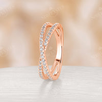 Crossover Round Cut Moissanite Rose Gold Pave Wedding Ring