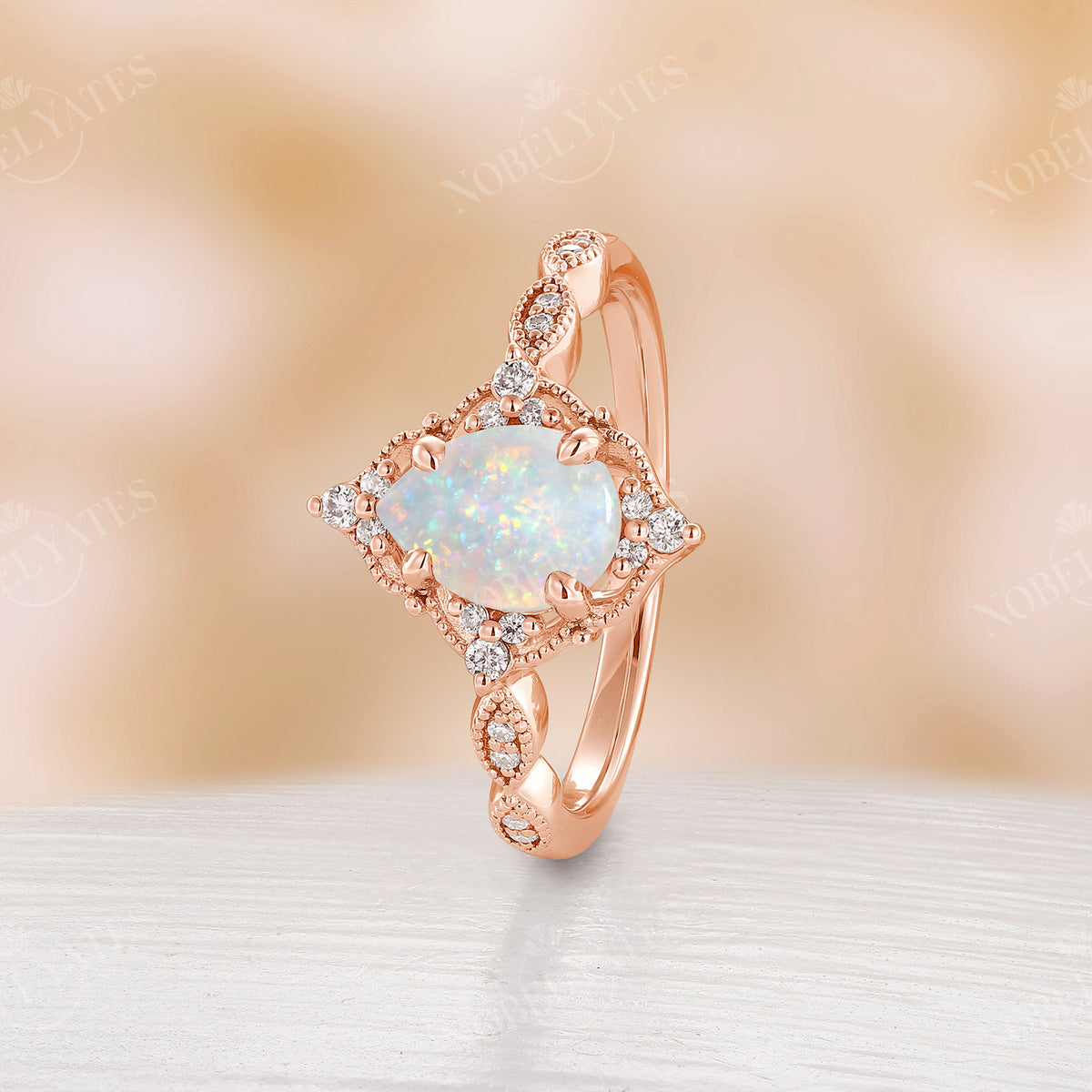 Vintage Pear Opal Milgrain Engagement Ring Rose Gold