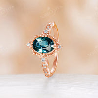 Oval Teal Sapphire Yellow Gold Engagement Ring Unique Vintage Band