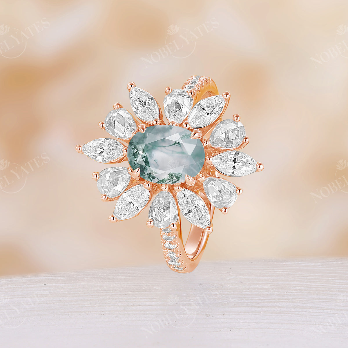 Moss Agate Oval Shape Unique Marquise & Pear Moissanite Halo Ring