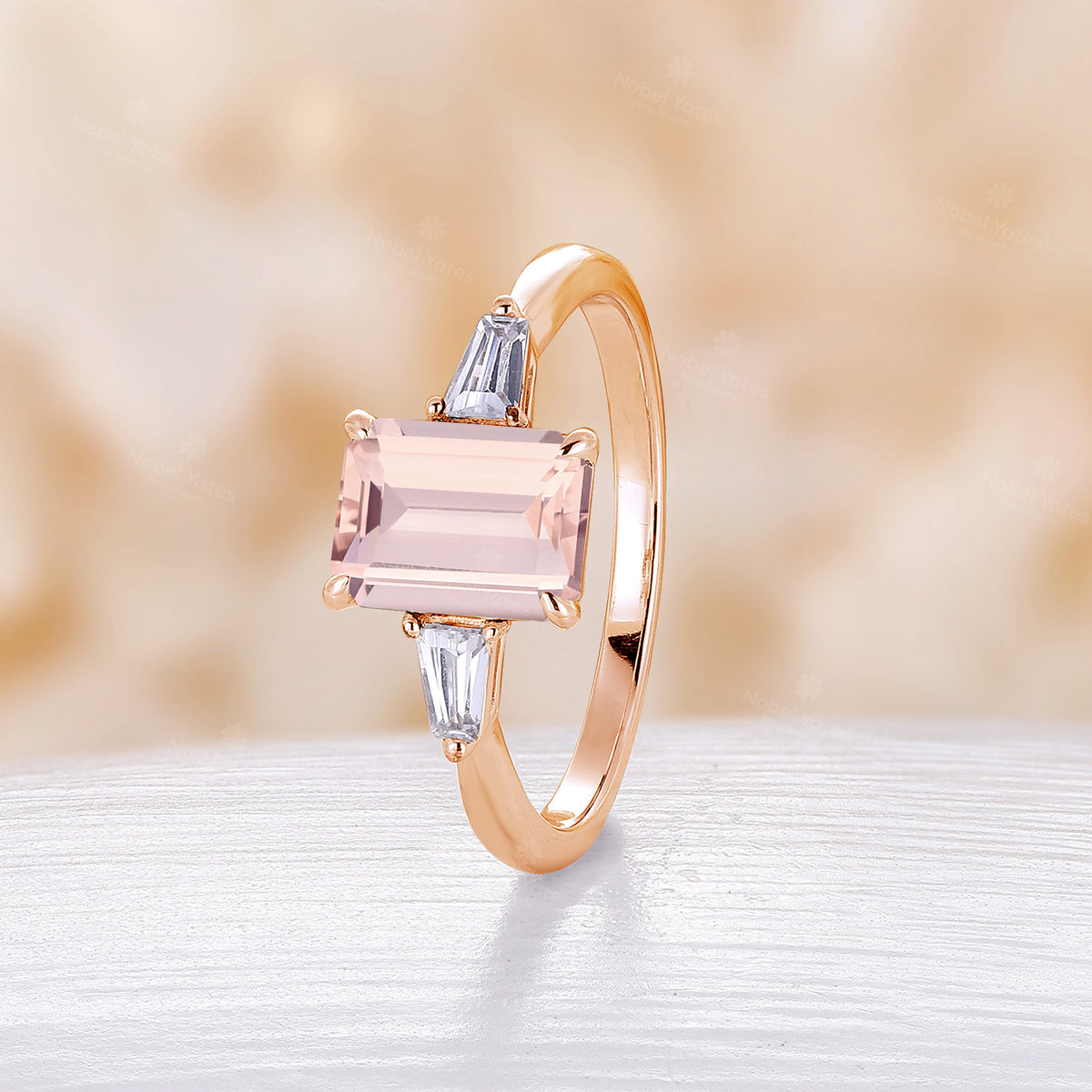 Emerald Cut Pink Morganite Engagement Ring Three Stones Art Deco