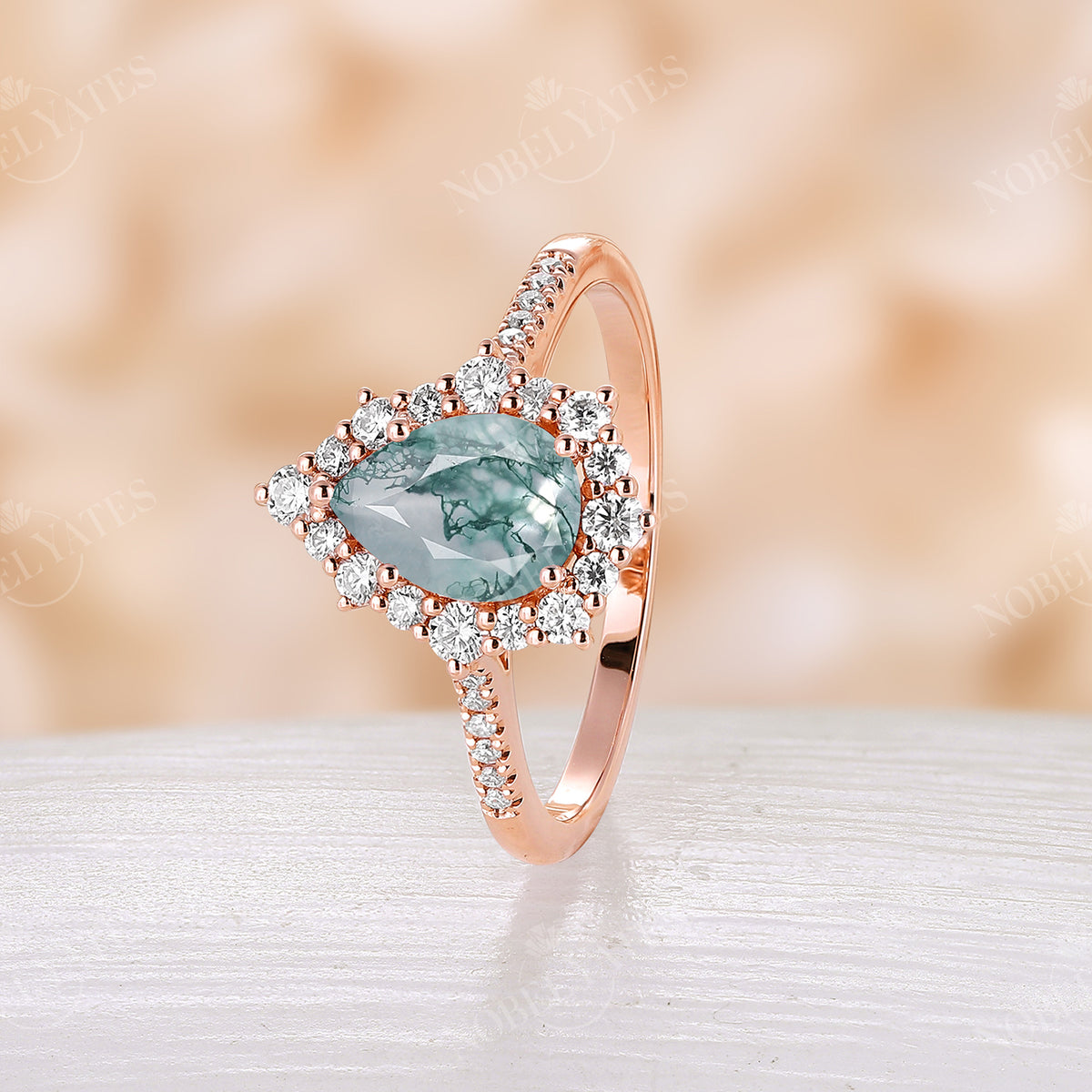 Vintage Pear shape Moss Agate Rose Gold Halo Engagement Ring