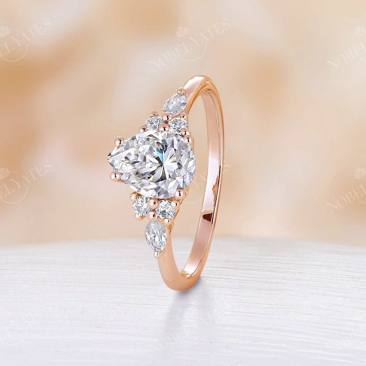 Pear Moissanite Cluster Engagement Ring Rose Gold