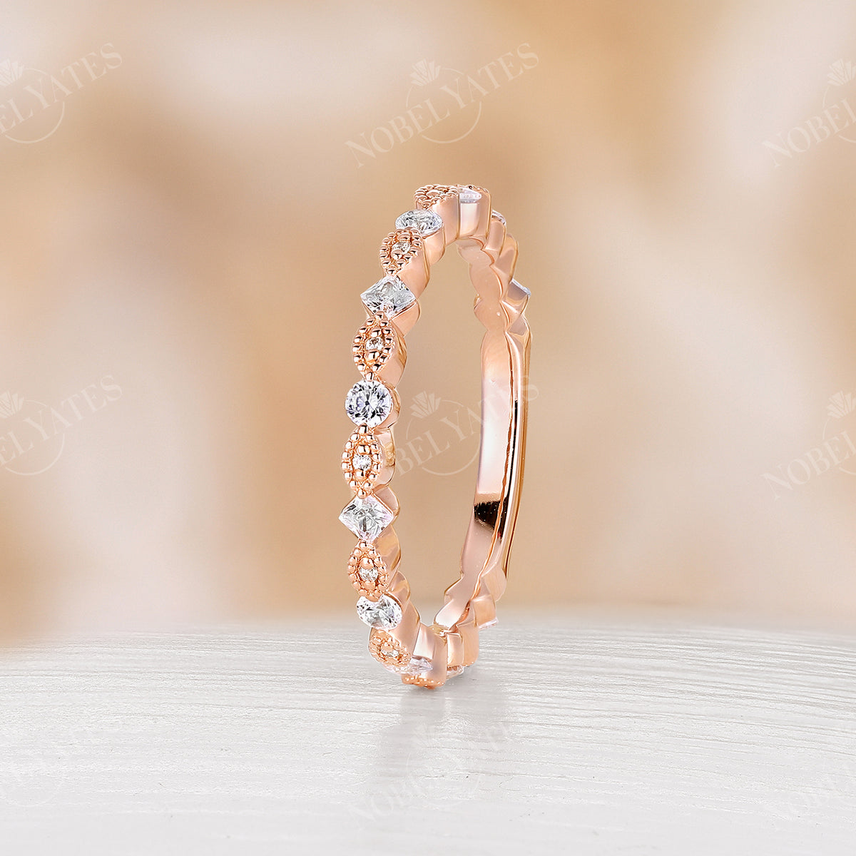 Milgrain Dainty Princess Diamond Wedding Band Half Eternity