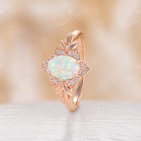 Floral Oval Opal Halo Engagement Ring Leaf Rose Gold