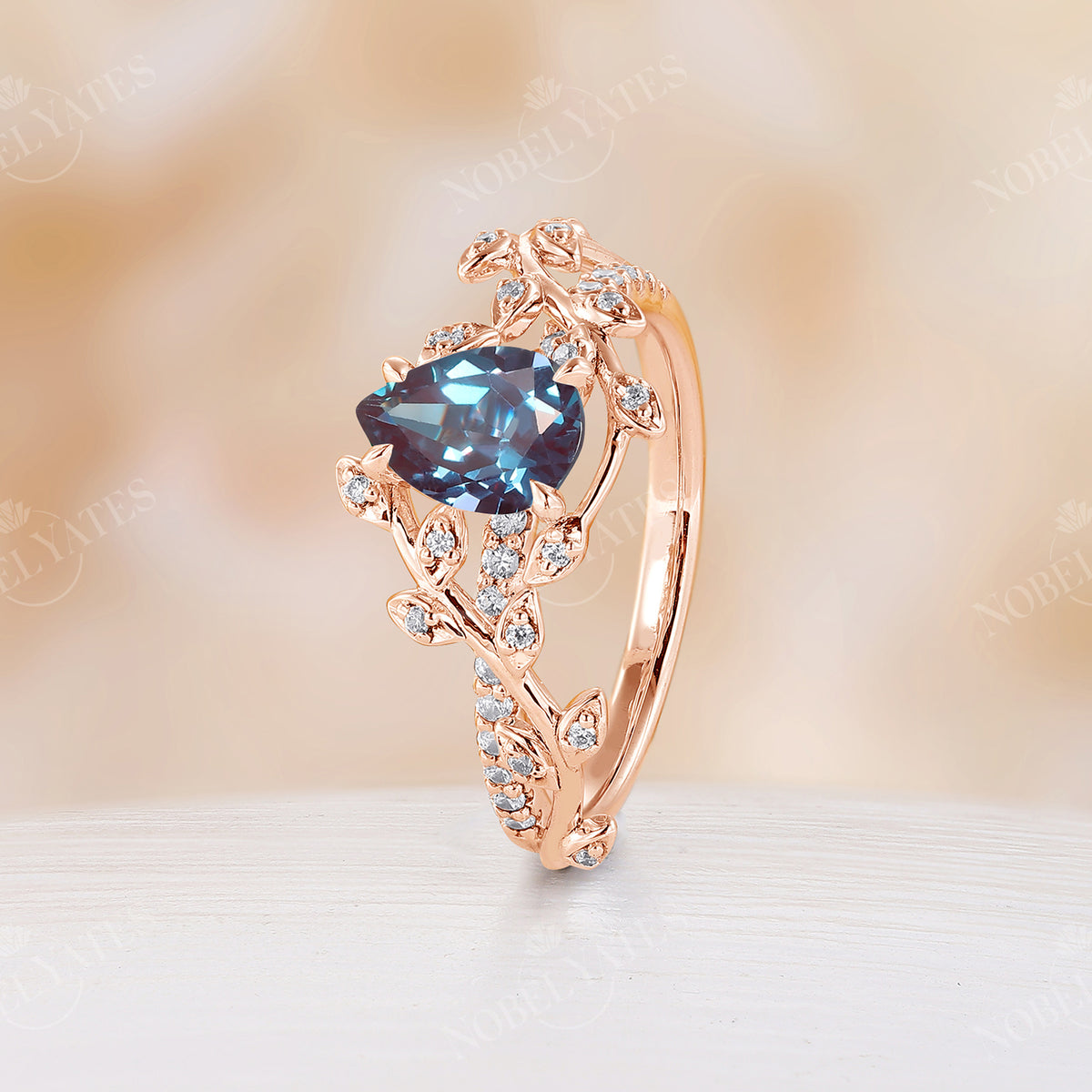 Pear Lab Alexandrite Rose Gold Nature Inspired Twig Leaf Engagement Ring