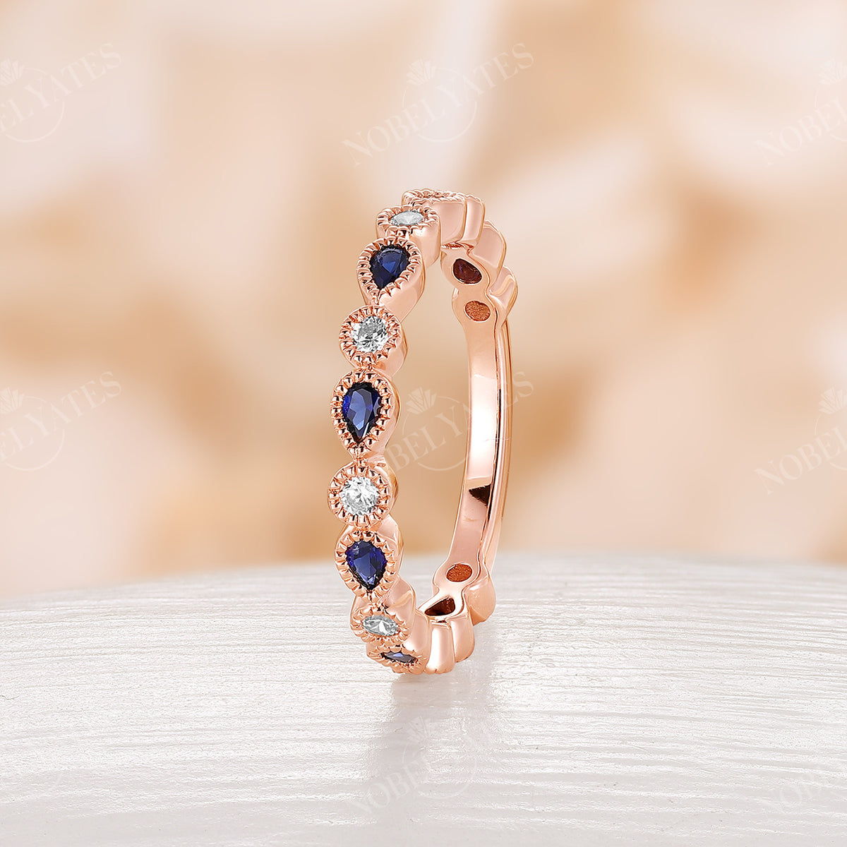 Lab Sapphire Milgrain 3/4 Eternity Vintage Wedding Band