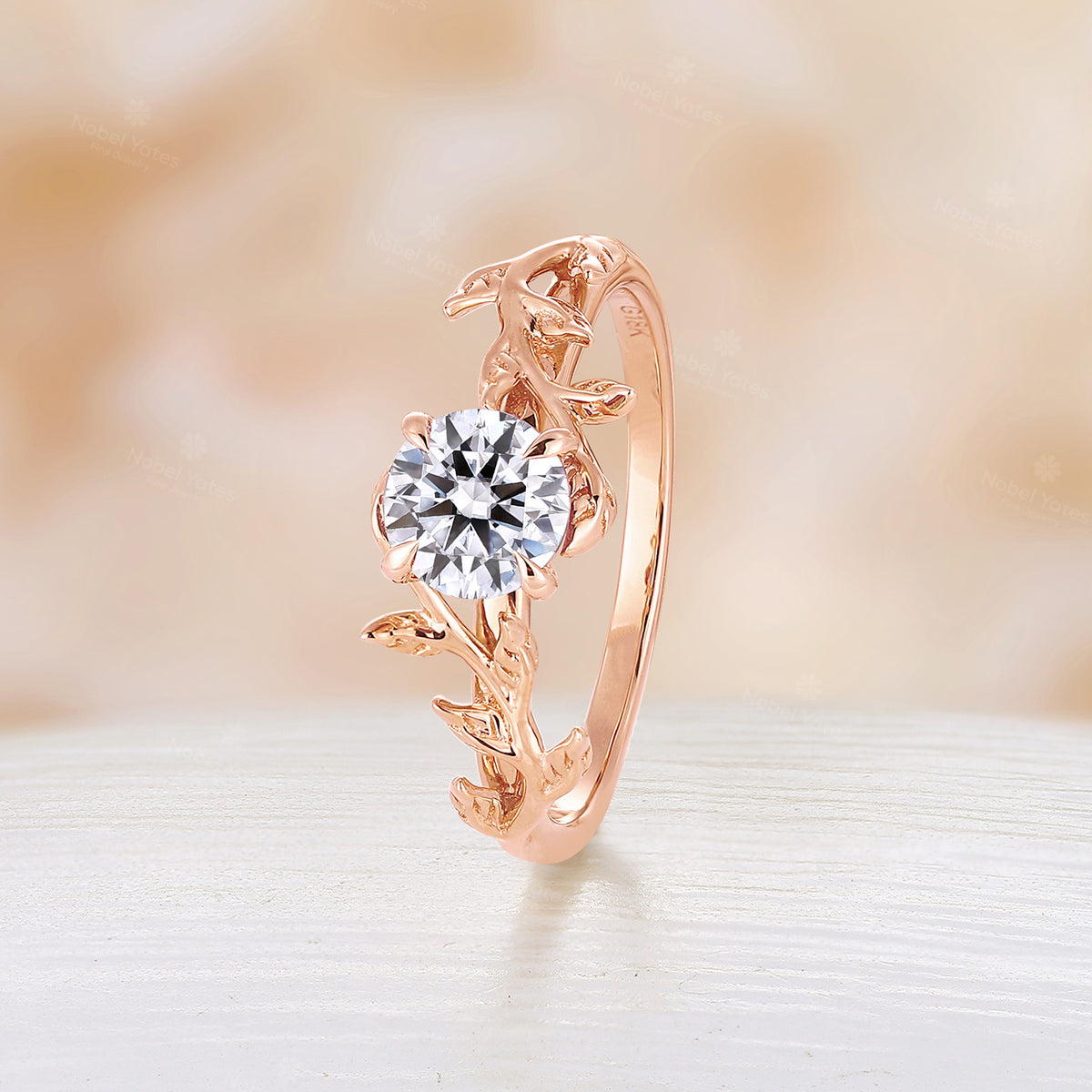 Solitaire Moissanite Engagement Ring Leaf Design Rose Gold