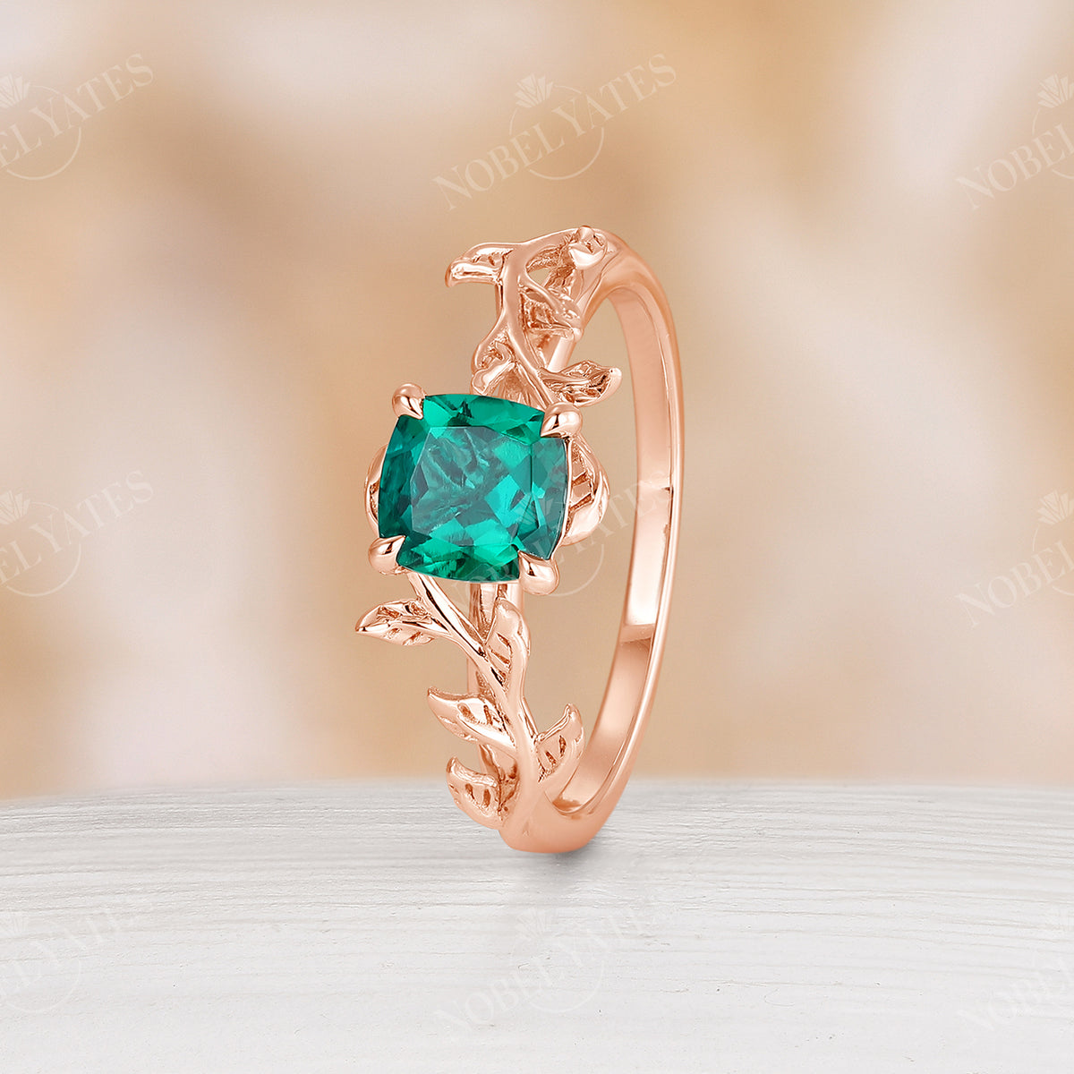 Nature Inspired Cushion Lab Emerald Branch Leaf Engagement Ring Rose Gold