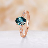 Vintage Oval Teal Sapphire Bridal Set Rose Gold Ring Enhancer Milgrain