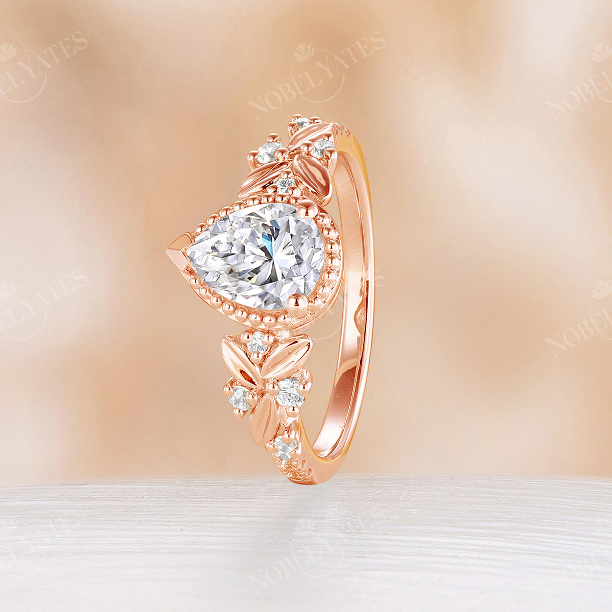 Pear Moissanite Nature Leaf Rose Gold Engagement Ring Prong Set