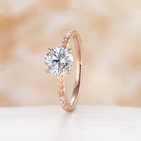 Round Shape Moissanite Engagement Ring Leaf Design Rose Gold Band