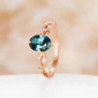 Nature Inspired Branch Oval Teal Sapphire Engagement Ring Yellow Gold Twist