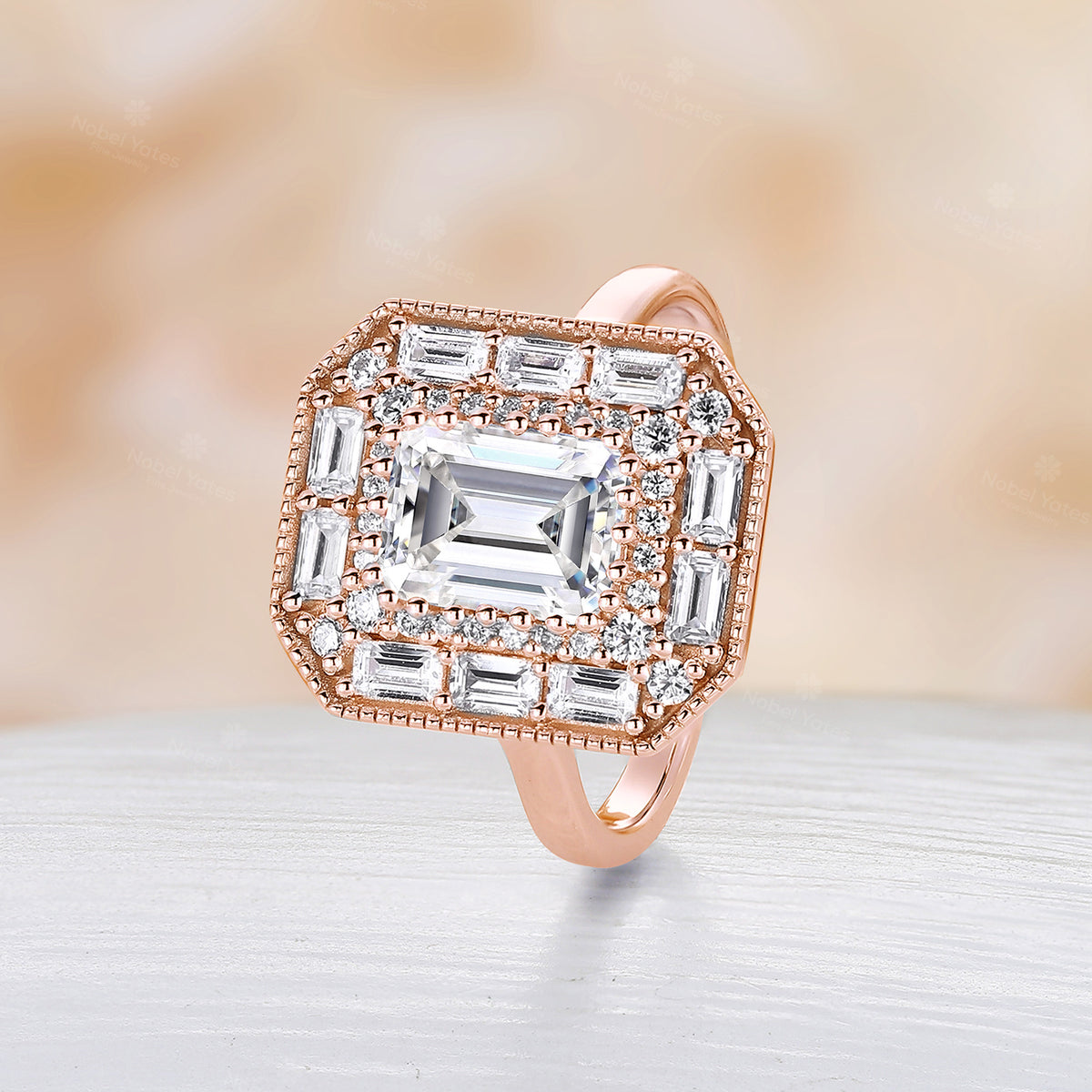 Art Deco Emerald Cut Engagement Baguette Halo Ring