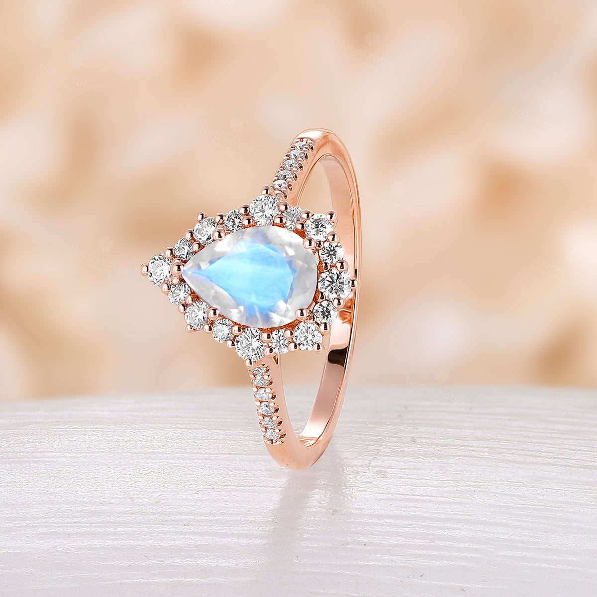 Teardrop Moonstone Vintage Halo Engagement Ring Rose Gold