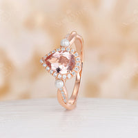 Orange Pink Morganite Halo Engagement Ring Pearl Twist Rose Gold