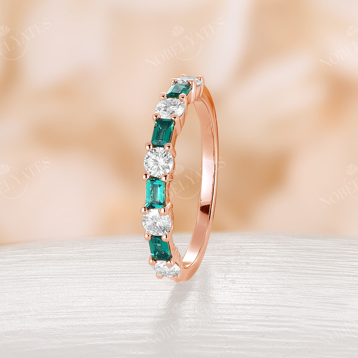 Baguette Cut Emerald Round Moissanite Rose Gold Wedding Band