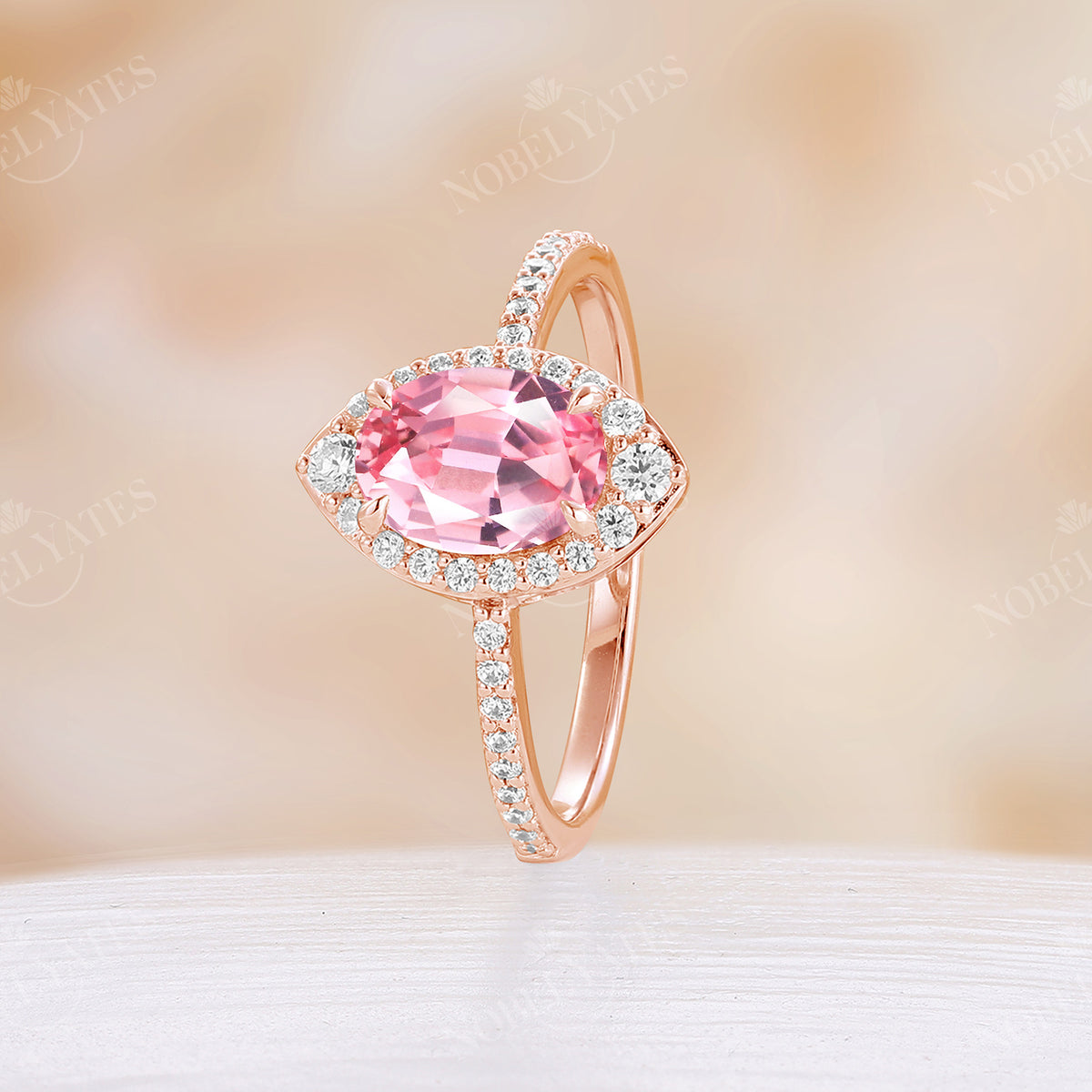 Lab Grown Padparadscha Oval Shape Moissanite Halo Engagement Ring