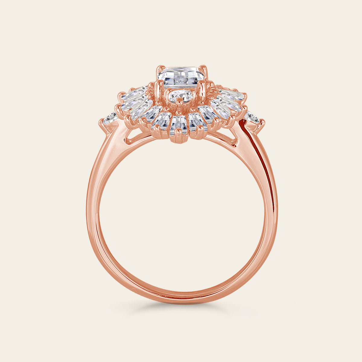 Emerald Cut Moissanite Art Deco Engagement Ring Unique Halo Rose Gold