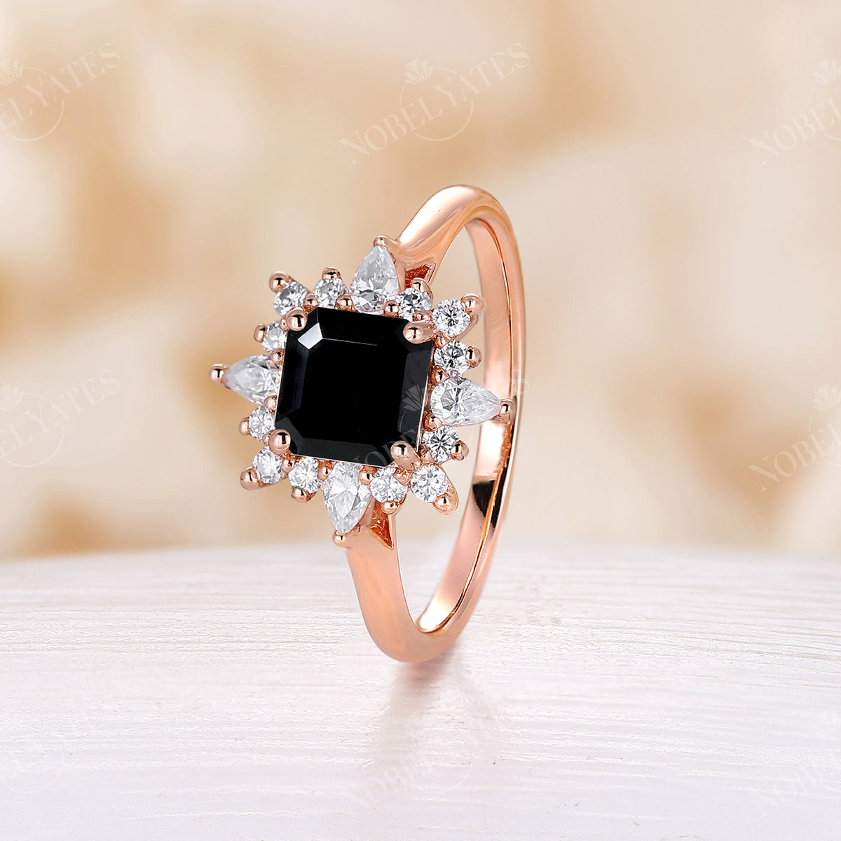 Black Onyx Vintage Asscher Halo Engagement Ring Rose Gold