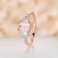 Emerald cut Pink Morganite Cluster Diamond Engagement Ring